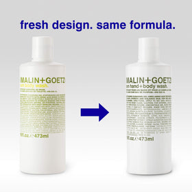MALIN+GOETZ bottle on shower ledge styling suggests daily use and bathroom integration