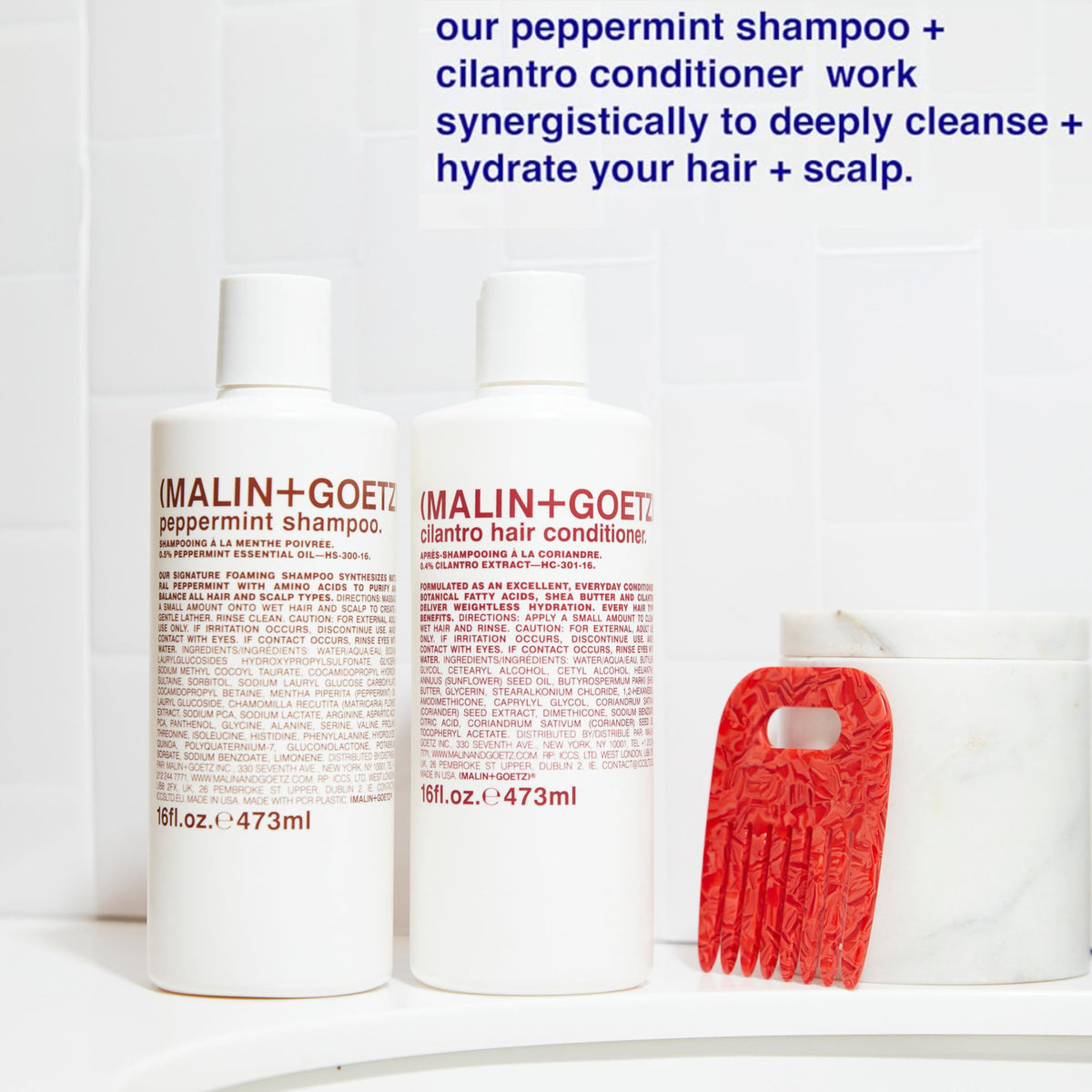Malin + Goetz bottle on bathroom shelf creating a simple, modern routine vibe