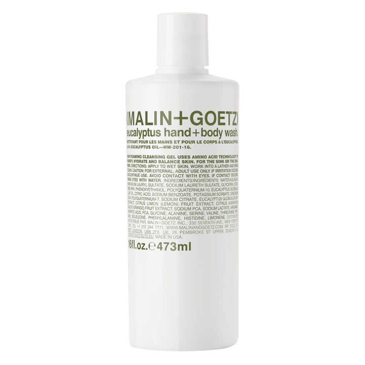 MALIN+GOETZ front bottle view showing eucalyptus label and clean design benefits clarity