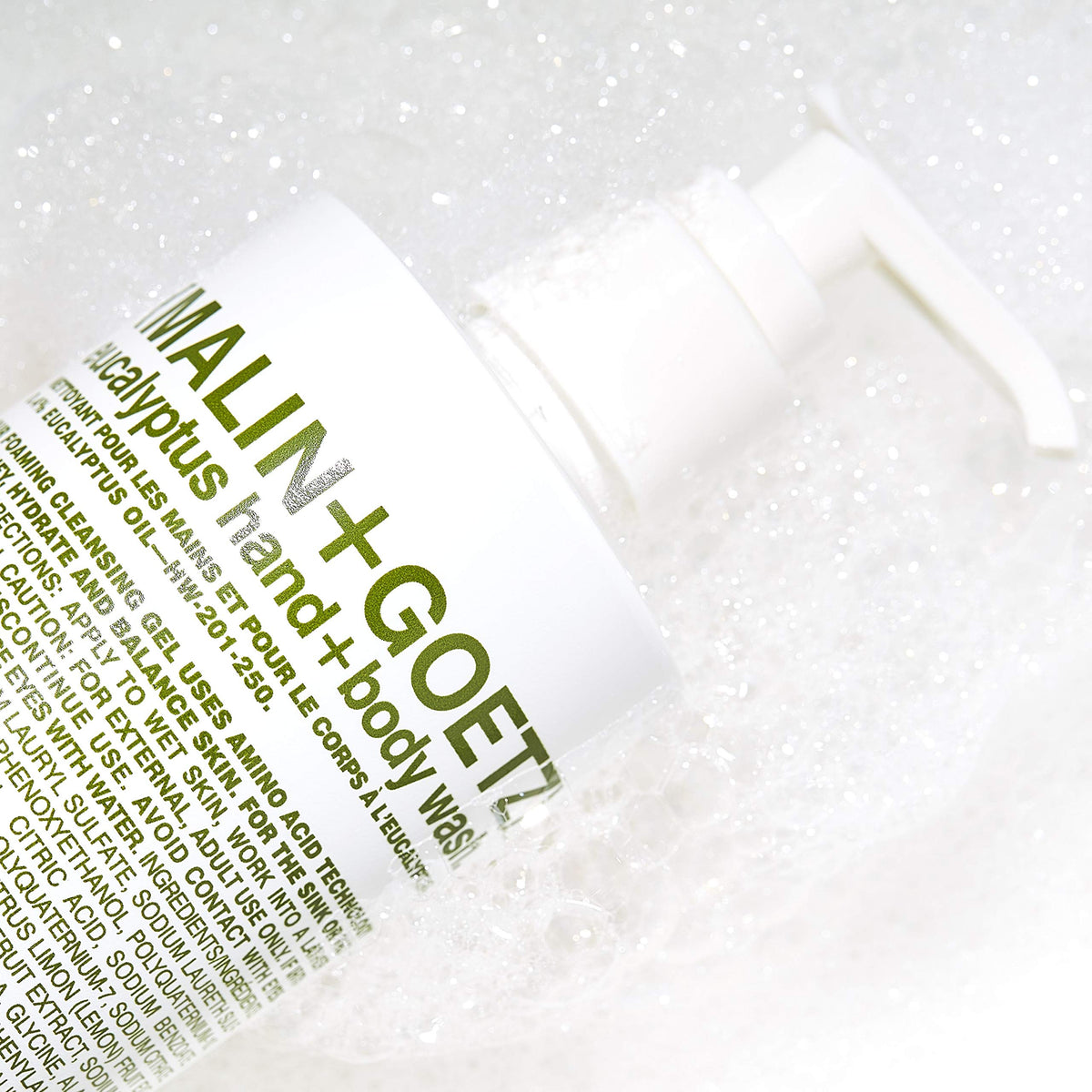 MALIN+GOETZ ingredient label highlighting eucalyptus and amino-acid cleansers for transparency
