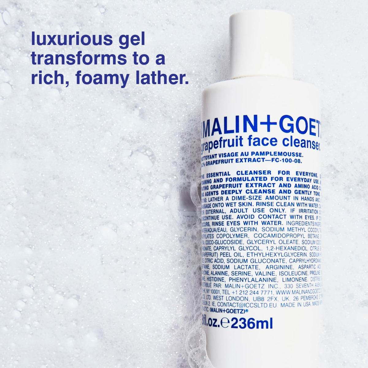 MALIN+GOETZ foamy gel texture on palm showing gentle lather and effective cleansing