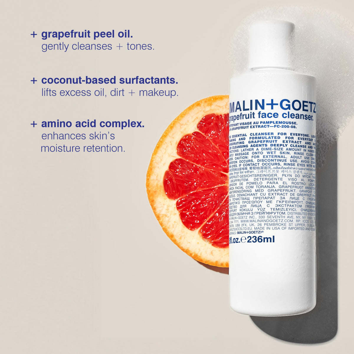 MALIN+GOETZ pump and label close-up highlighting active ingredients and texture