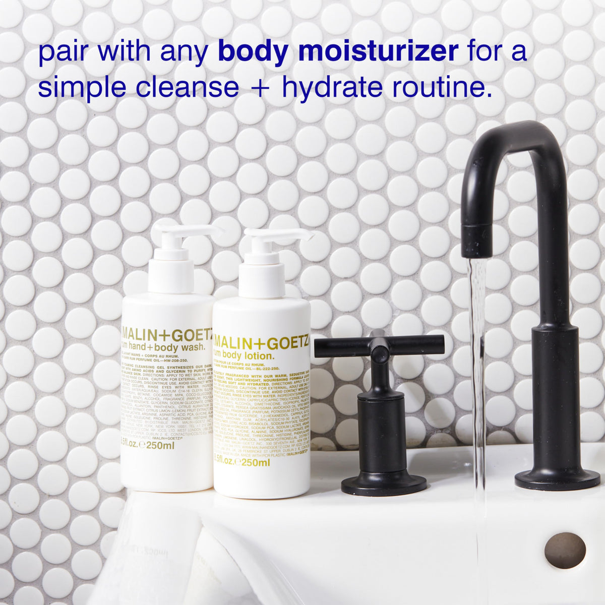 MALIN+GOETZ bottle in shower setting demonstrating dual-use for hands and body