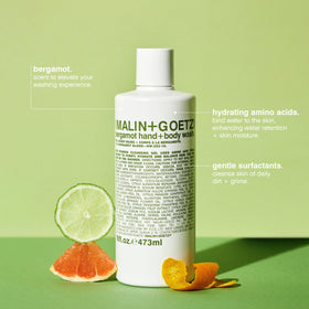 MALIN+GOETZ label close-up highlighting key ingredients and clean formulation benefit