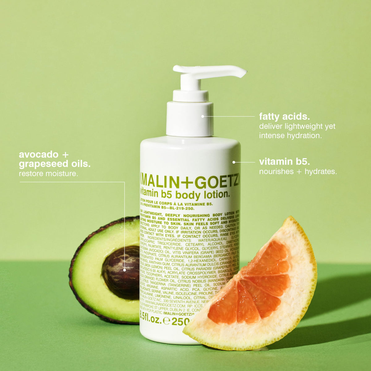 MALIN+GOETZ lotion texture close-up, lightweight absorption visible and fast