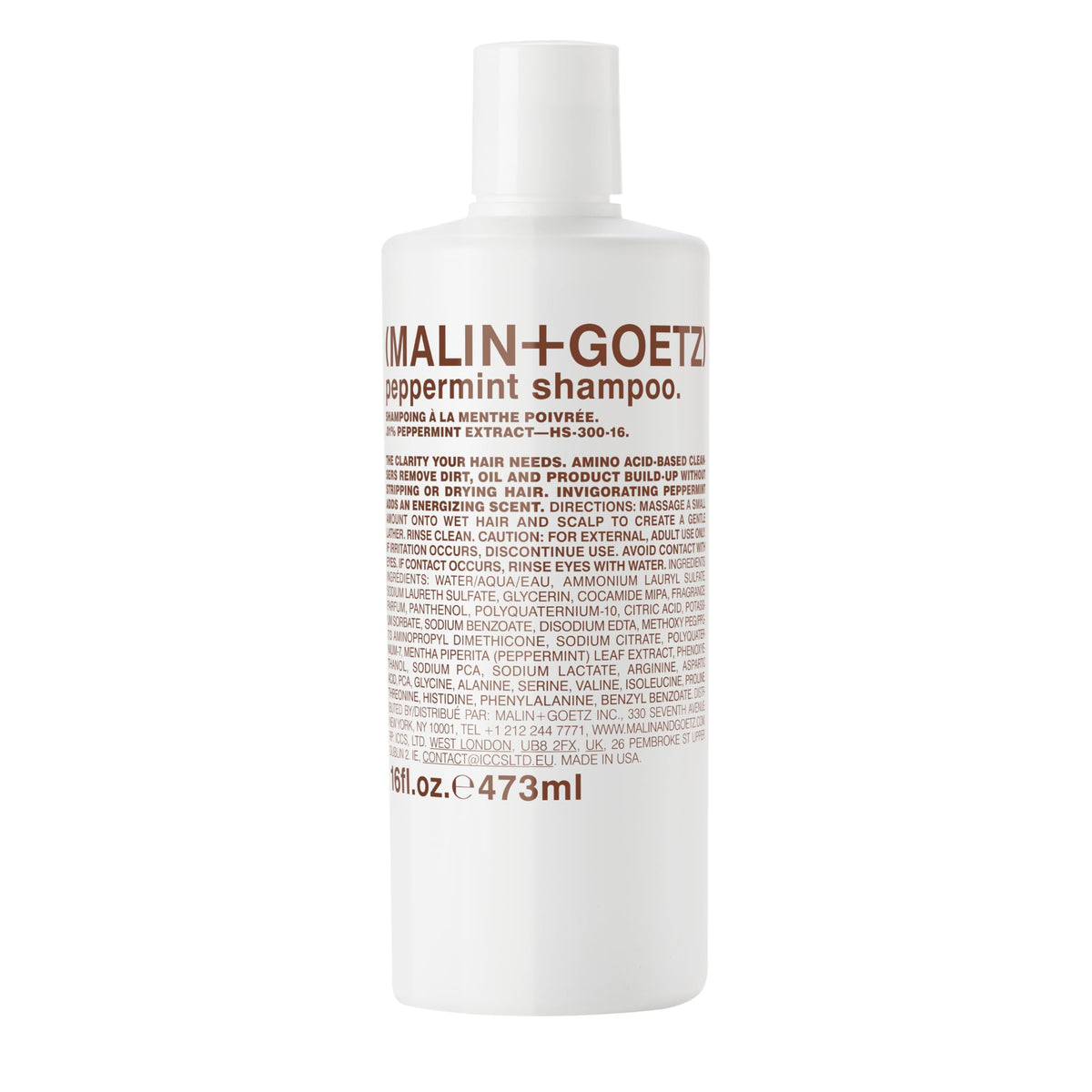 MALIN+GOETZ bottle front view showing peppermint shampoo for clear cleansing