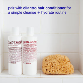 MALIN+GOETZ shampoo paired with Cilantro Conditioner illustrating a balancing duo