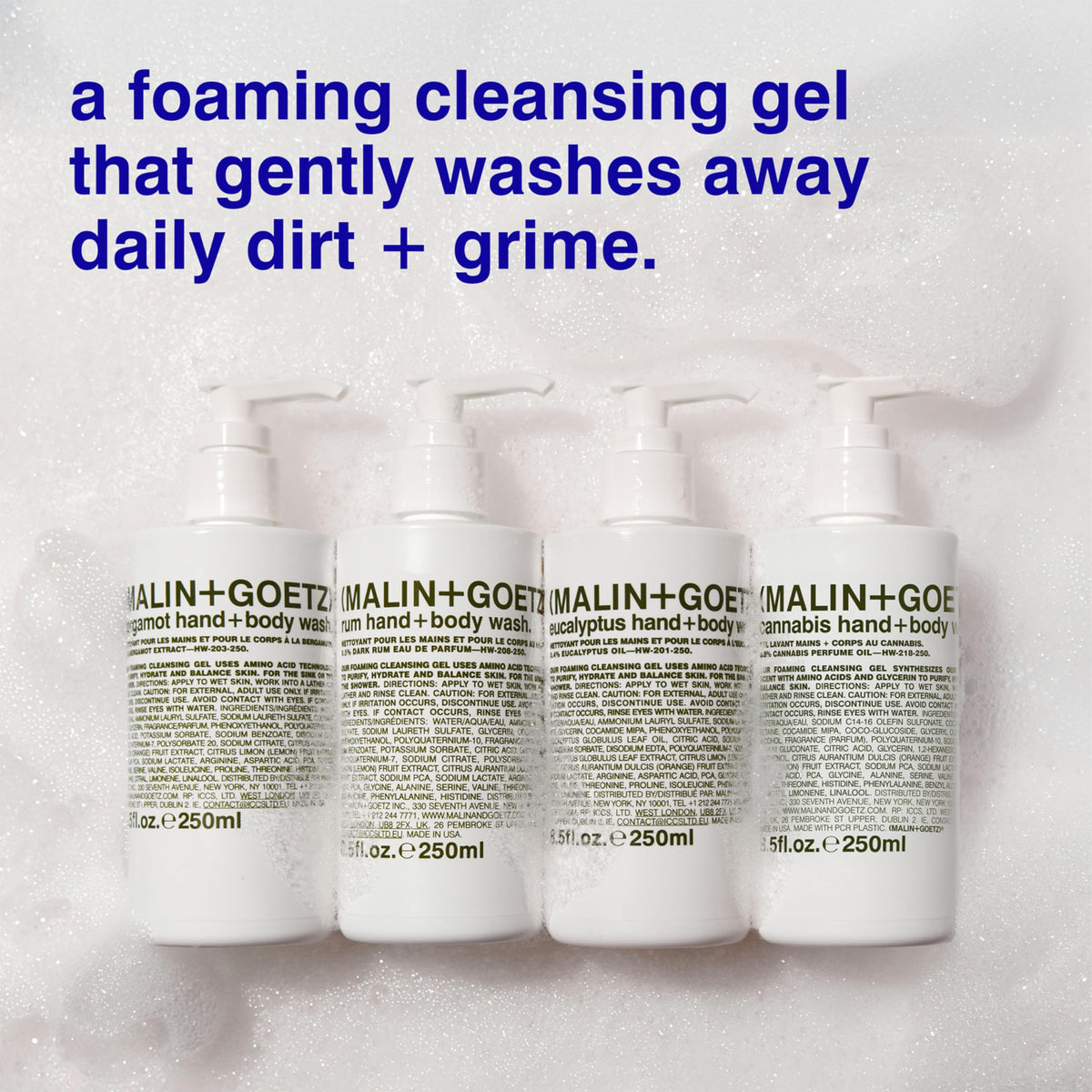 MALIN+GOETZ label close-up showing ingredients and clean formulation details