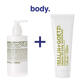 MALIN+GOETZ 16 fl oz bottle beside 8.5 fl oz showing size options benefit