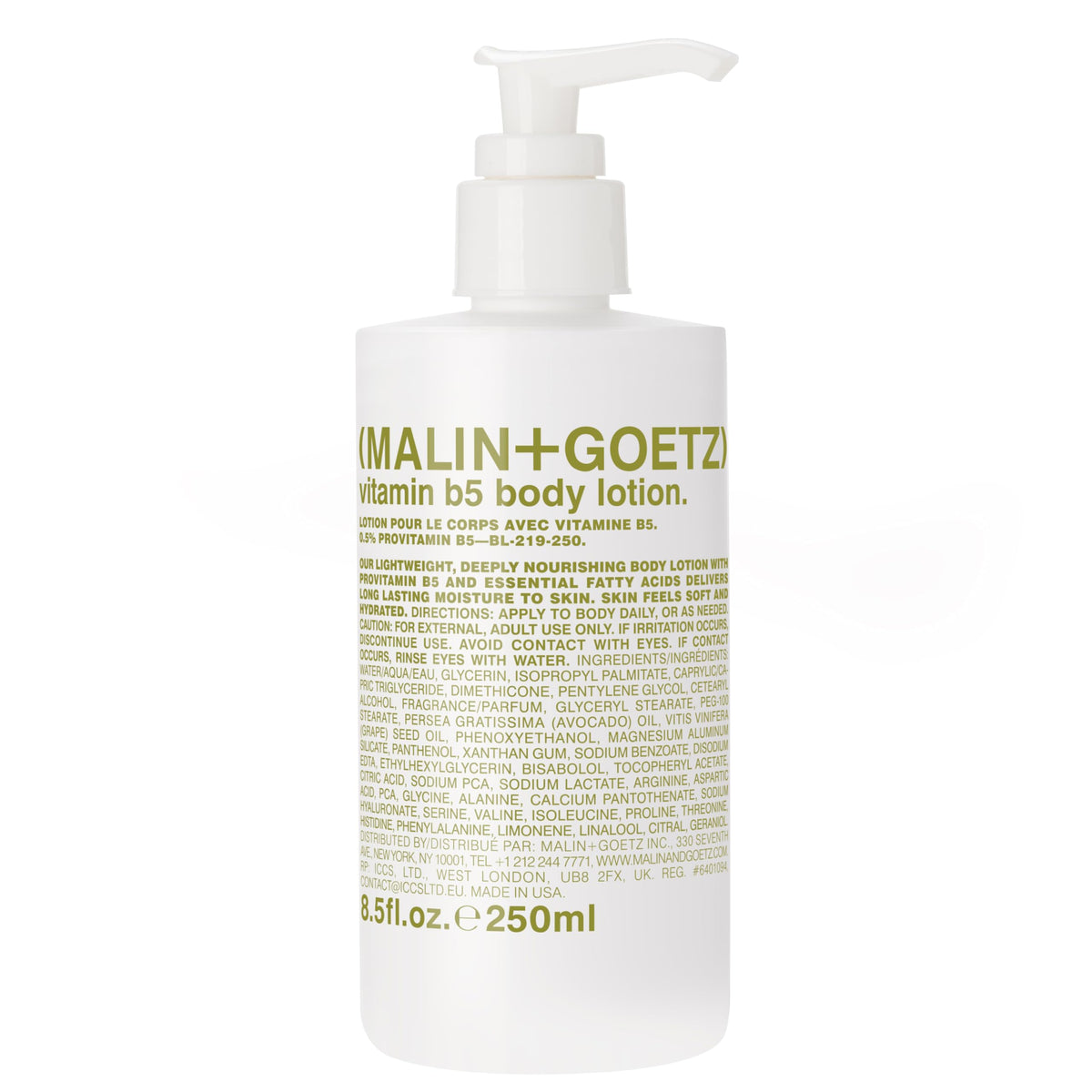 MALIN+GOETZ front pump bottle showing product and size, easy dispensing benefit