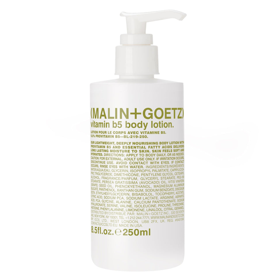 MALIN+GOETZ front pump bottle showing product and size, easy dispensing benefit