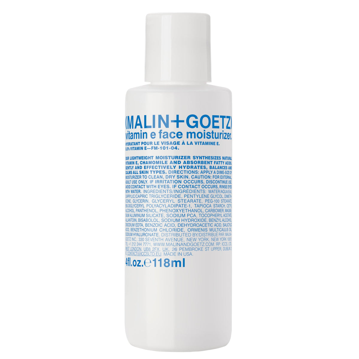 MALIN+GOETZ front packaging showing 4 fl oz tube and clean design benefit hydration