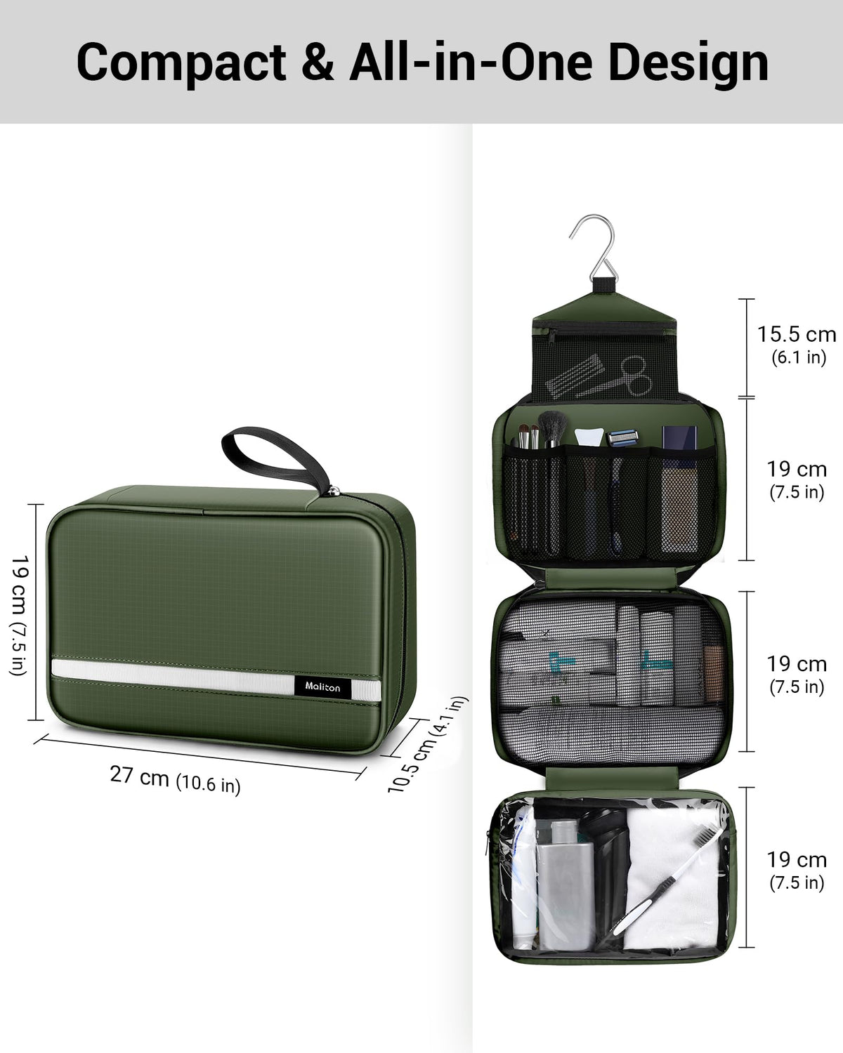 Maliton close-up of compartments and elastic loops securing toiletries