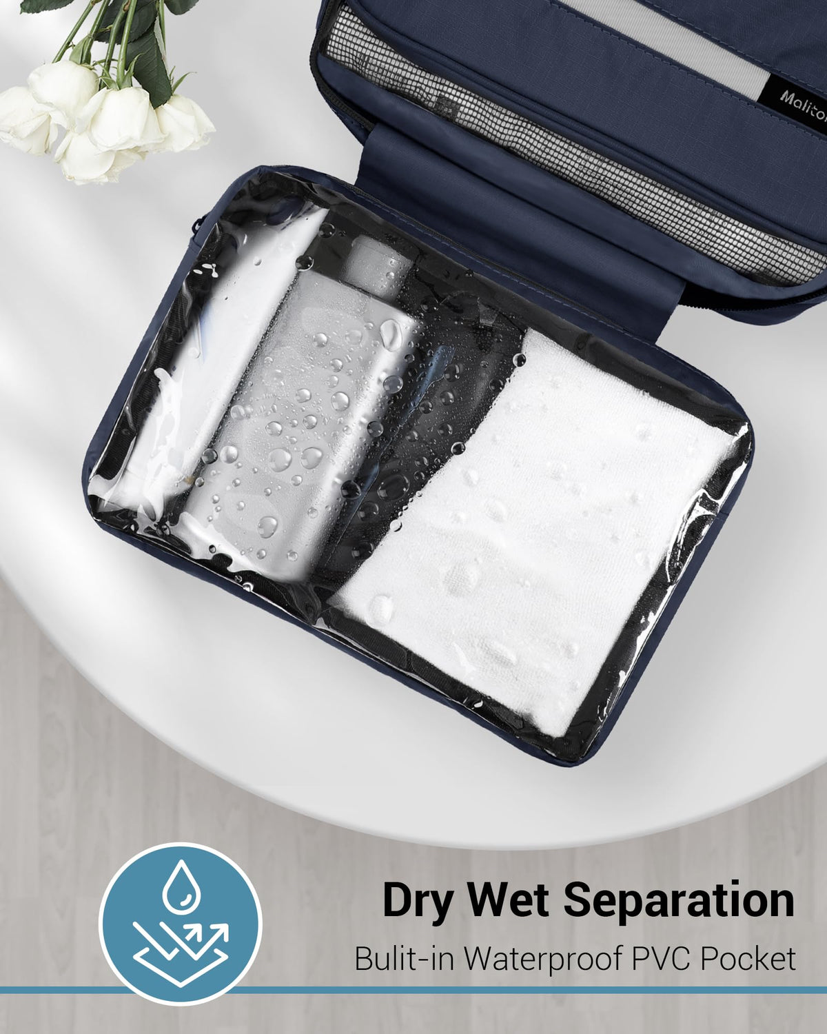 Maliton hooked on shower rod keeping toiletries off counters and organized