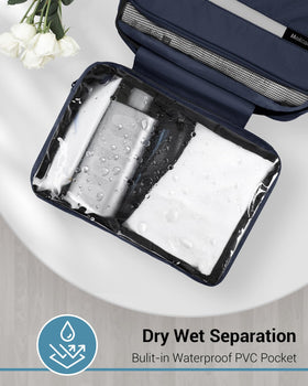 Maliton hooked on shower rod keeping toiletries off counters and organized