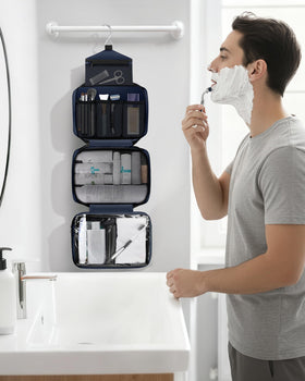 Maliton on bathroom counter lifestyle shot showing tidy travel setup