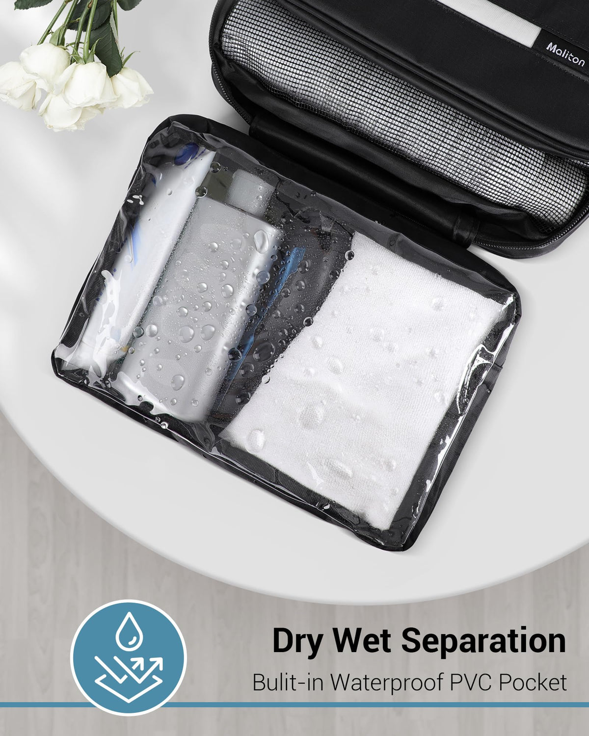 Maliton ventilated mesh pocket detail for drying damp items
