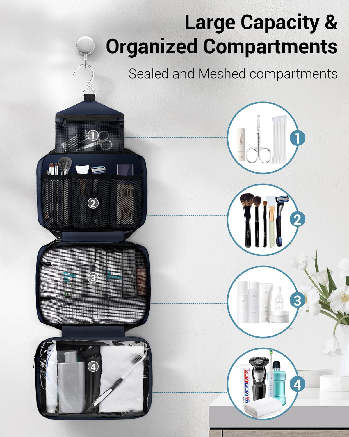 Maliton open hanging full view displaying four compartments for easy access