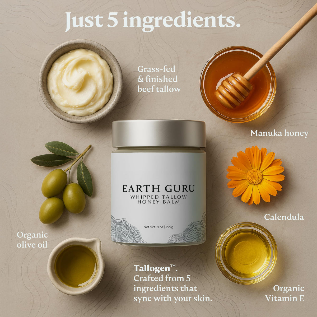 MalloMe Earth Guru XL ingredients flatlay with manuka honey and olive oil benefits