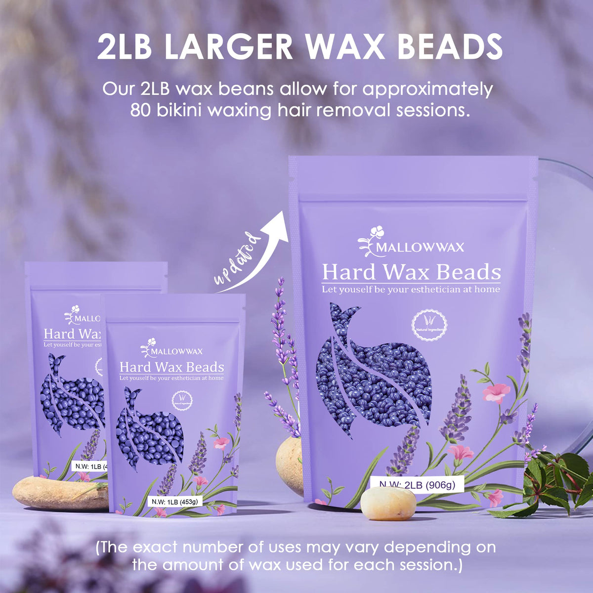 mallowwax beads in hand showing 2 lb scale and value per refill benefit