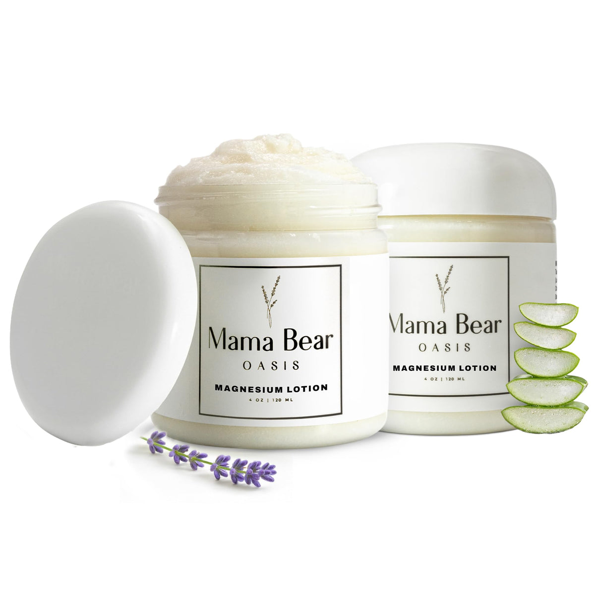 Mama Bear Oasis front packaging showing two lavender-scented magnesium cream tubes and benefits