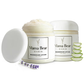 Mama Bear Oasis front packaging showing two lavender-scented magnesium cream tubes and benefits