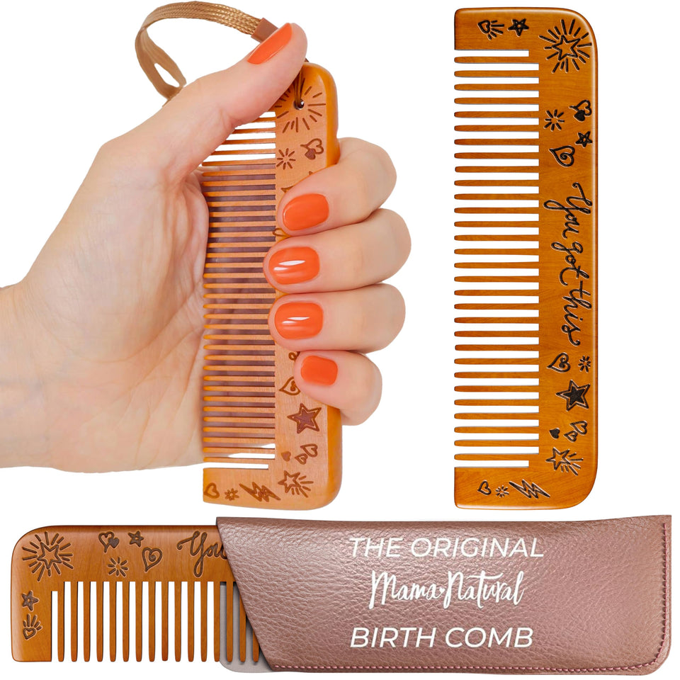 Mama Natural front view of wooden labor comb showing shape and pouch benefit comfort