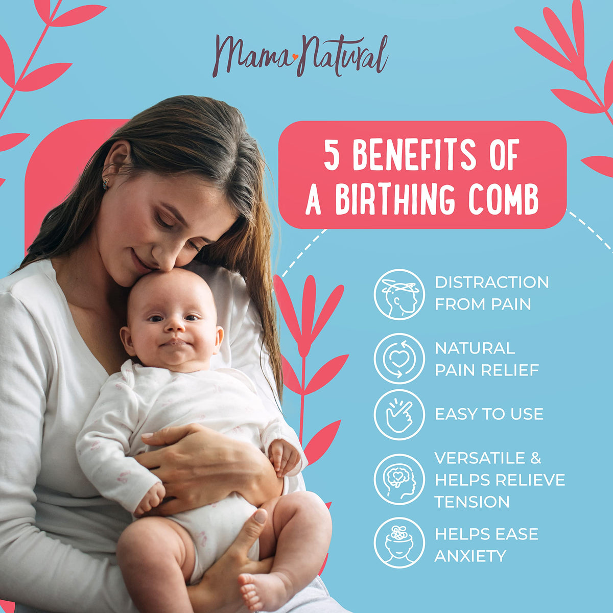Mama Natural comb in a birth bag on bedside table for ready-to-use support