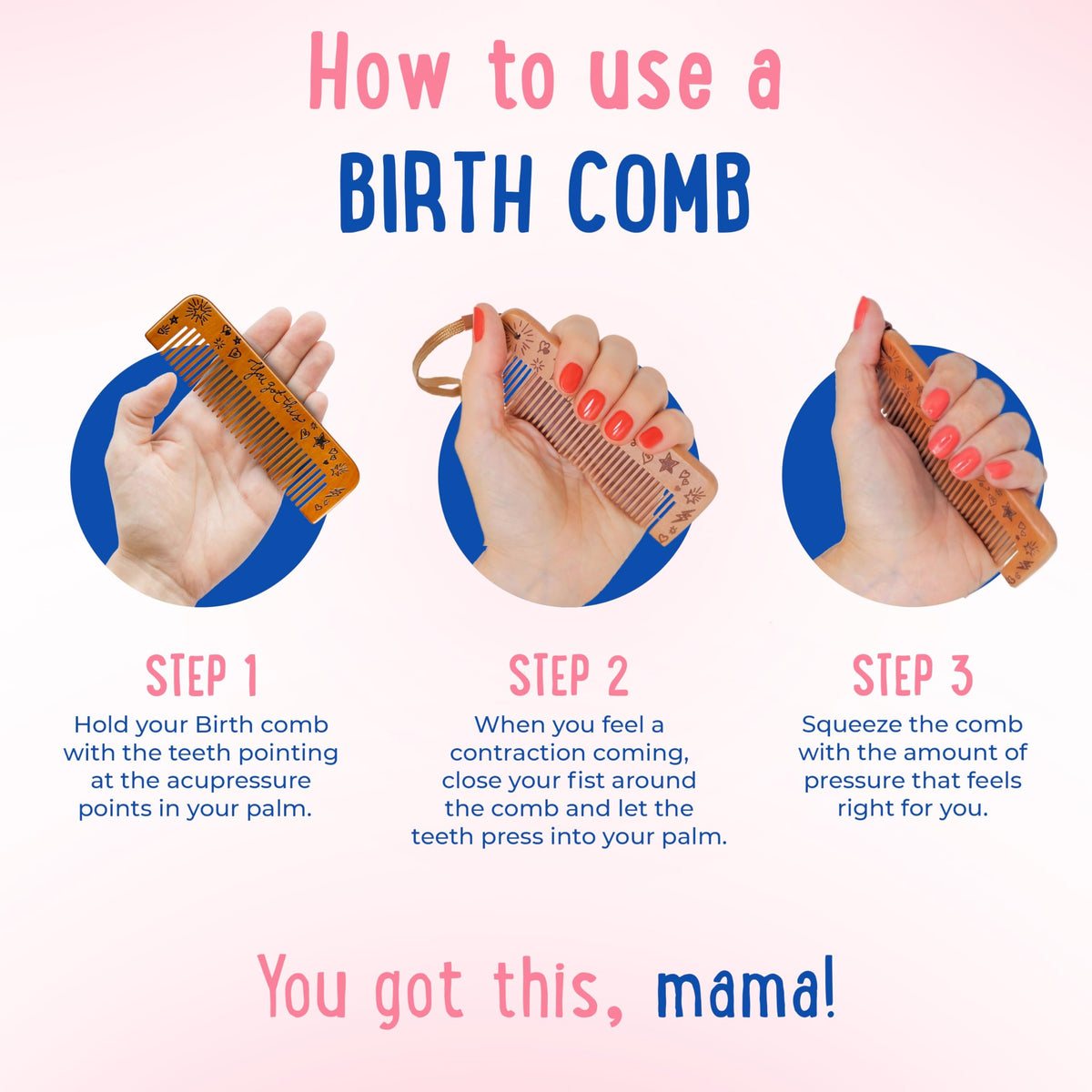 Mama Natural comb beside a hand and pouch for scale and portable convenience