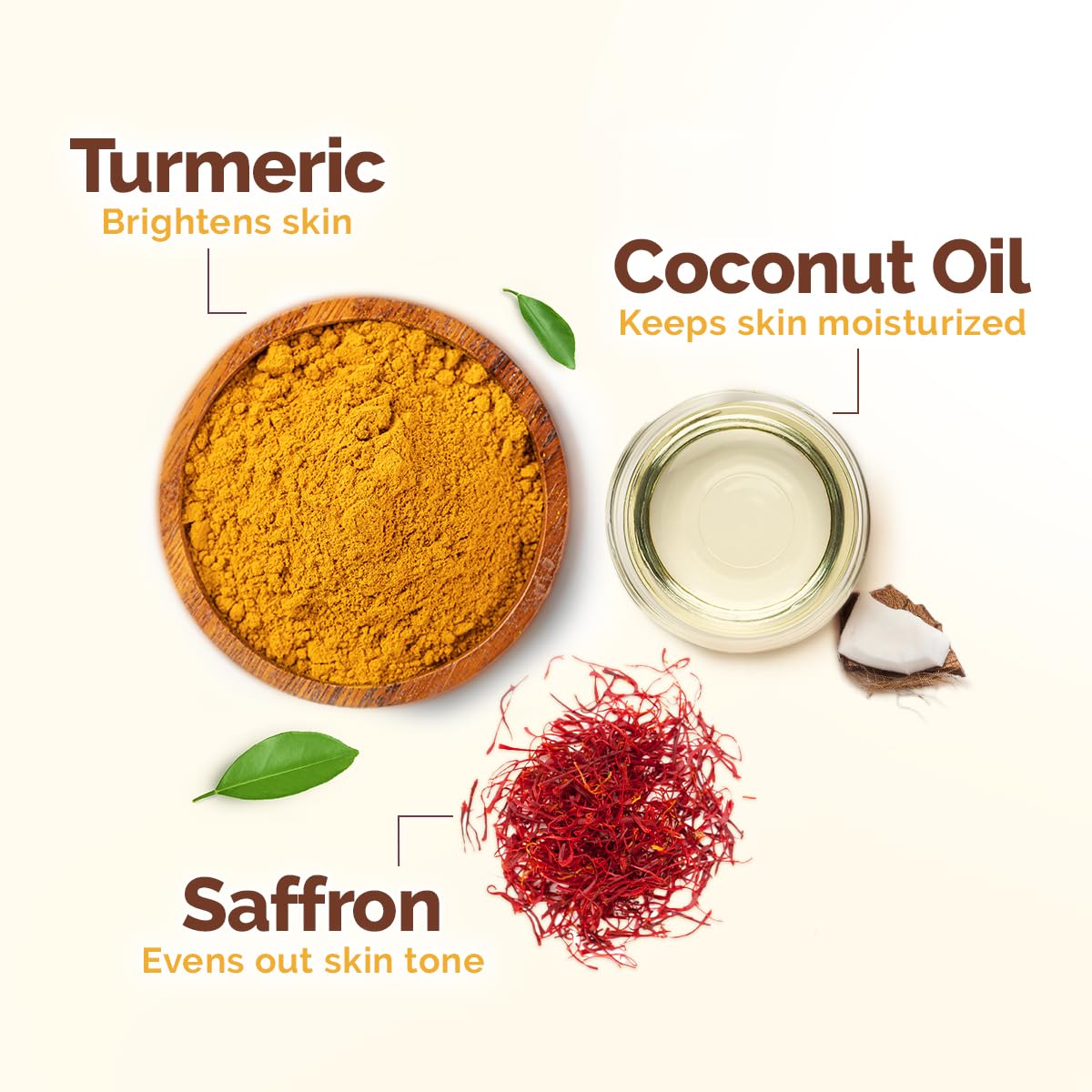 Turmeric and saffron ingredients beside tube highlighting natural brightening botanicals