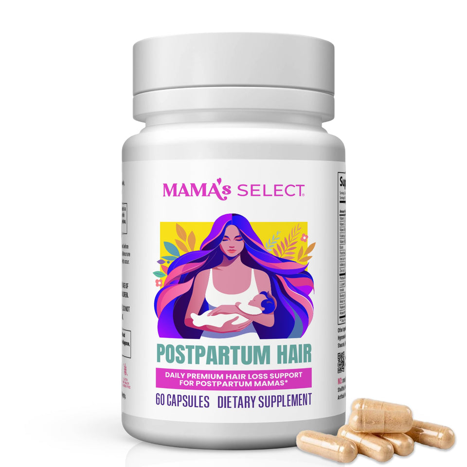 Mama's Select front packaging showing supplement bottle and benefits