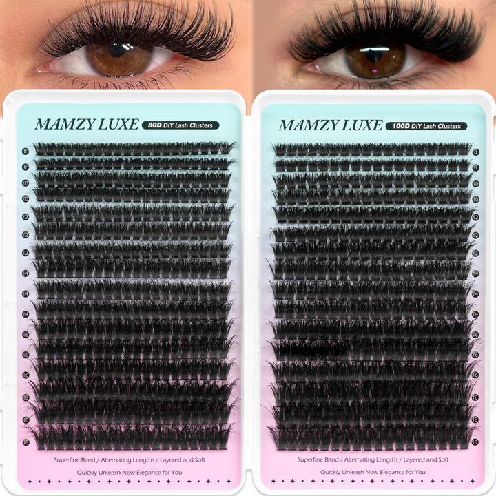 Mamzy Luxe front packaging showing 608pcs kit and two density options for versatile styling