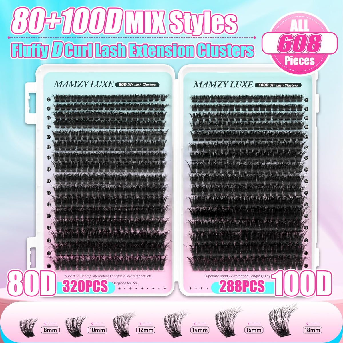 Mamzy Luxe length range 8–18mm display showing mixed sizes for graduated lash looks