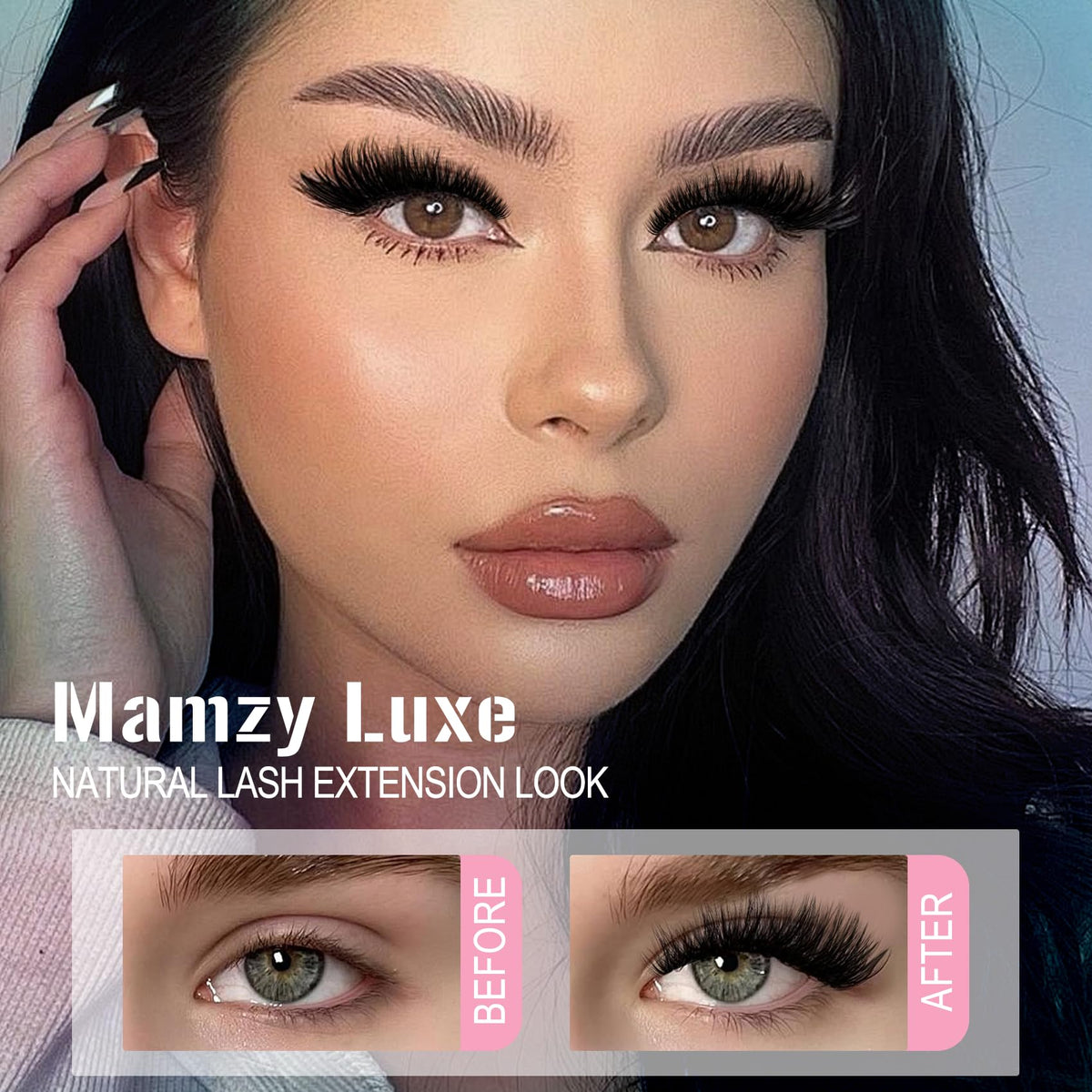 Mamzy Luxe finished eyelash look in lifestyle shot enhancing eyes