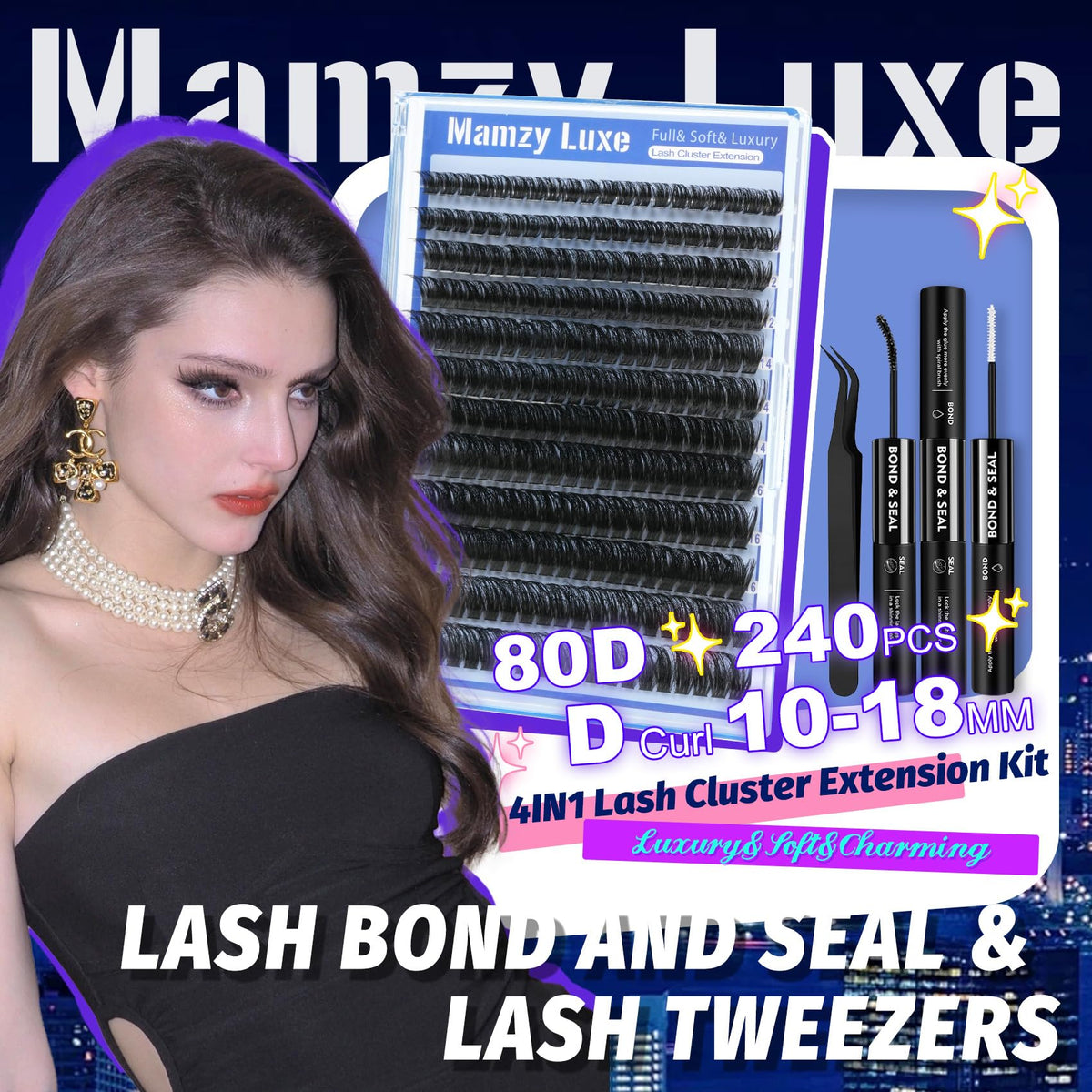 Mamzy Luxe tweezers, glue, and seal demonstrating complete application kit