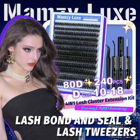Mamzy Luxe tweezers, glue, and seal demonstrating complete application kit