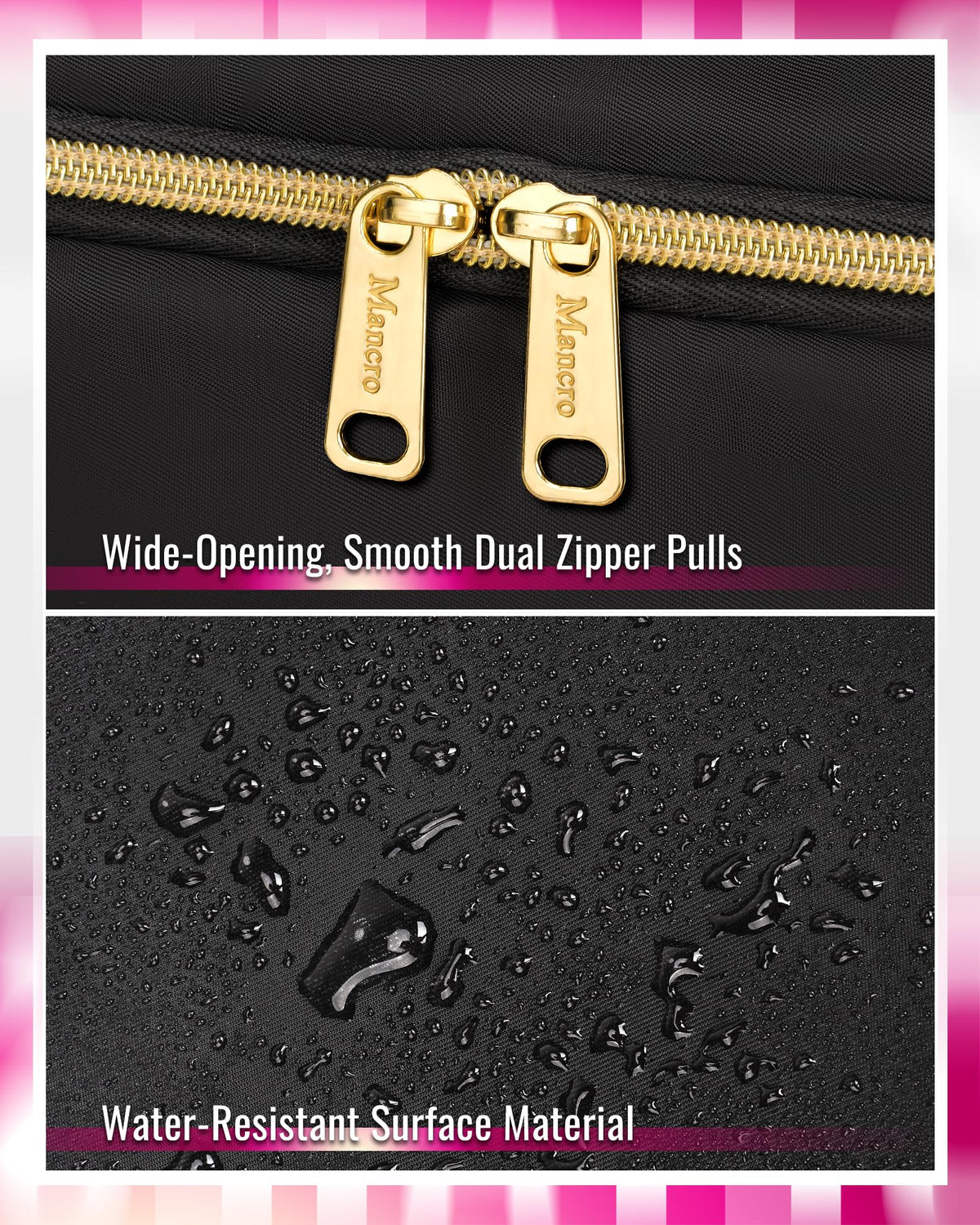 Mancro water-resistant fabric close-up showing durable finish that guards against spills