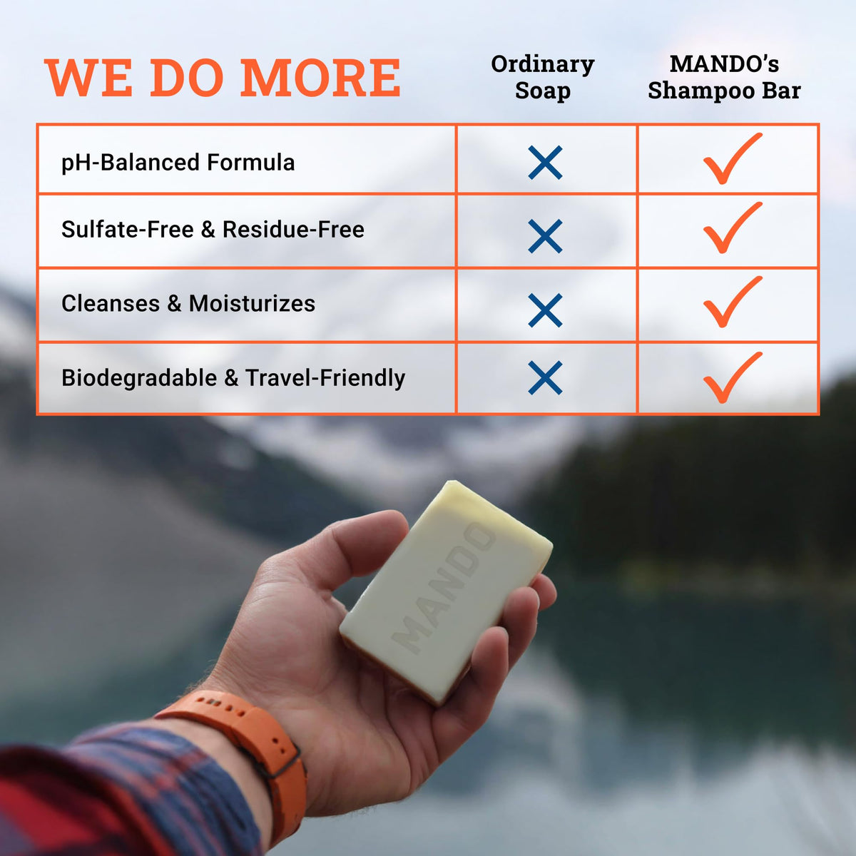 Mando cleansing bar held in hand to show actual size and scale