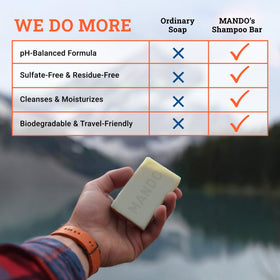 Mando cleansing bar held in hand to show actual size and scale