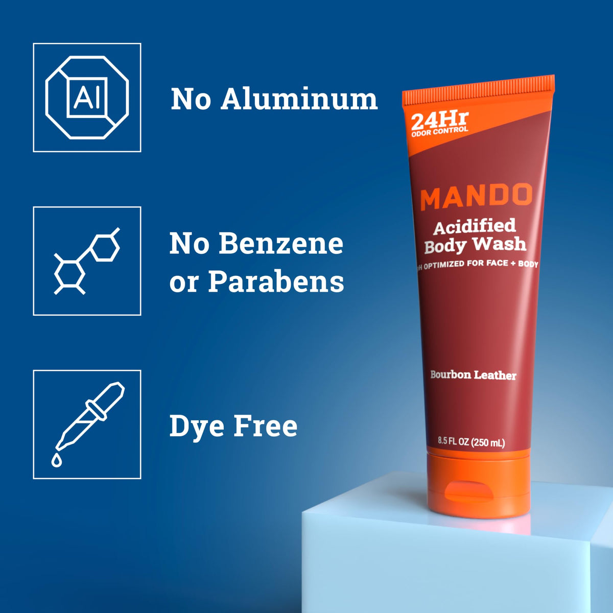 Mando body wash lathered on hand, demonstrates gentle foam and effective cleansing