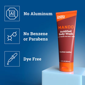 Mando body wash lathered on hand, demonstrates gentle foam and effective cleansing