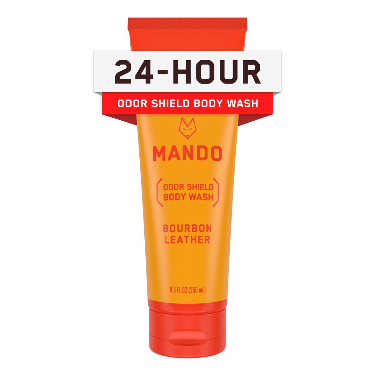 Mando bottle front view showing bourbon leather scent and benefits