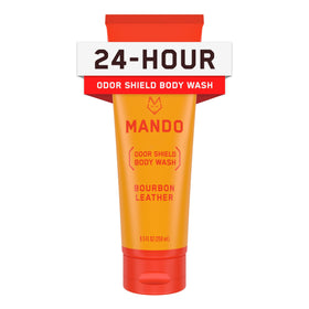 Mando bottle front view showing bourbon leather scent and benefits