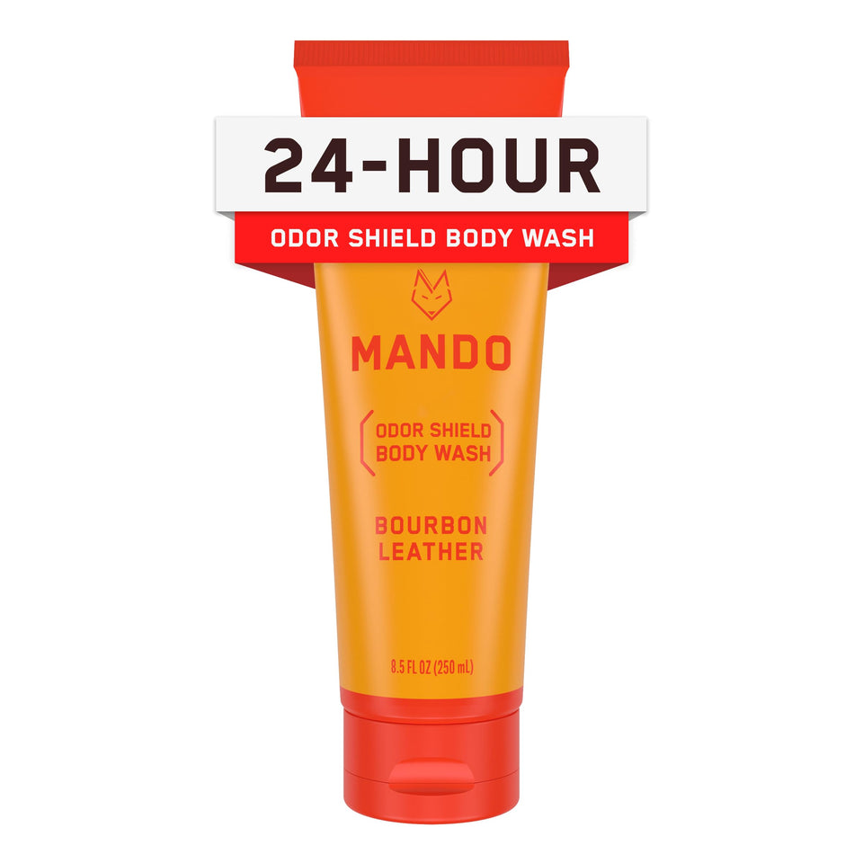 Mando bottle front view showing bourbon leather scent and benefits