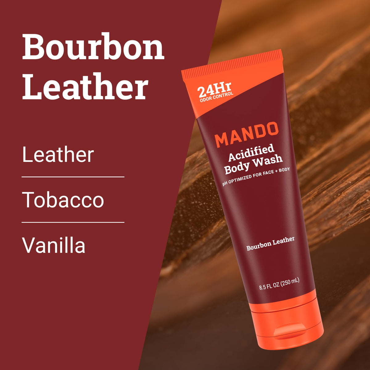 Mando bottle placed in a shower niche, shows in-shower use for daily odor control