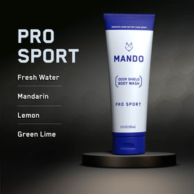 Mando bottle label detail highlighting mandelic acid and sulfate-free benefits