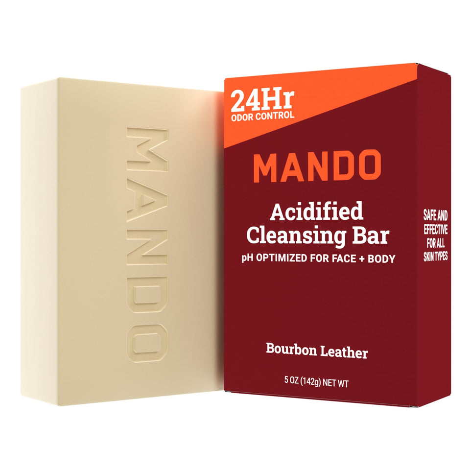 Mando bourbon leather bar front packaging showing product name and benefit