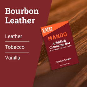 Mando bourbon leather bar staged in bathroom to suggest daily routine