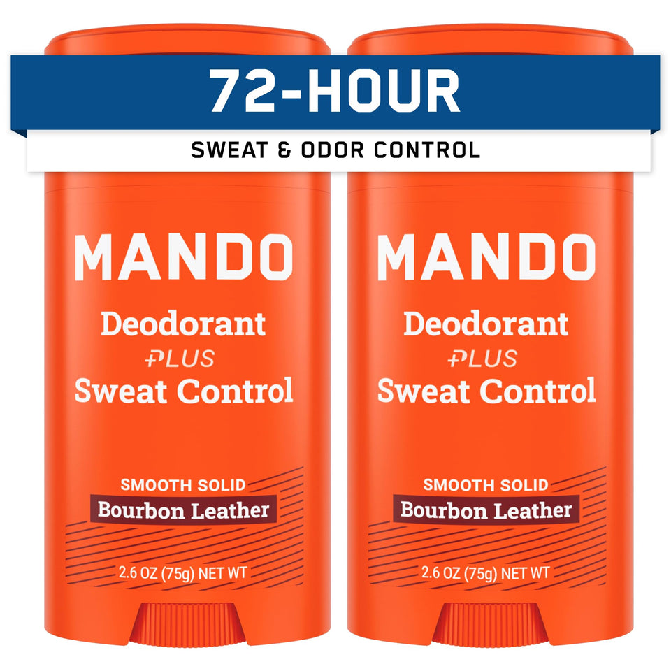 Mando front packaging showing Bourbon Leather scent and two-pack benefit