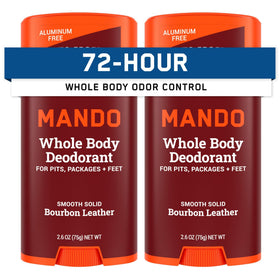 Mando Bourbon Leather front packaging showing scent and pack benefits